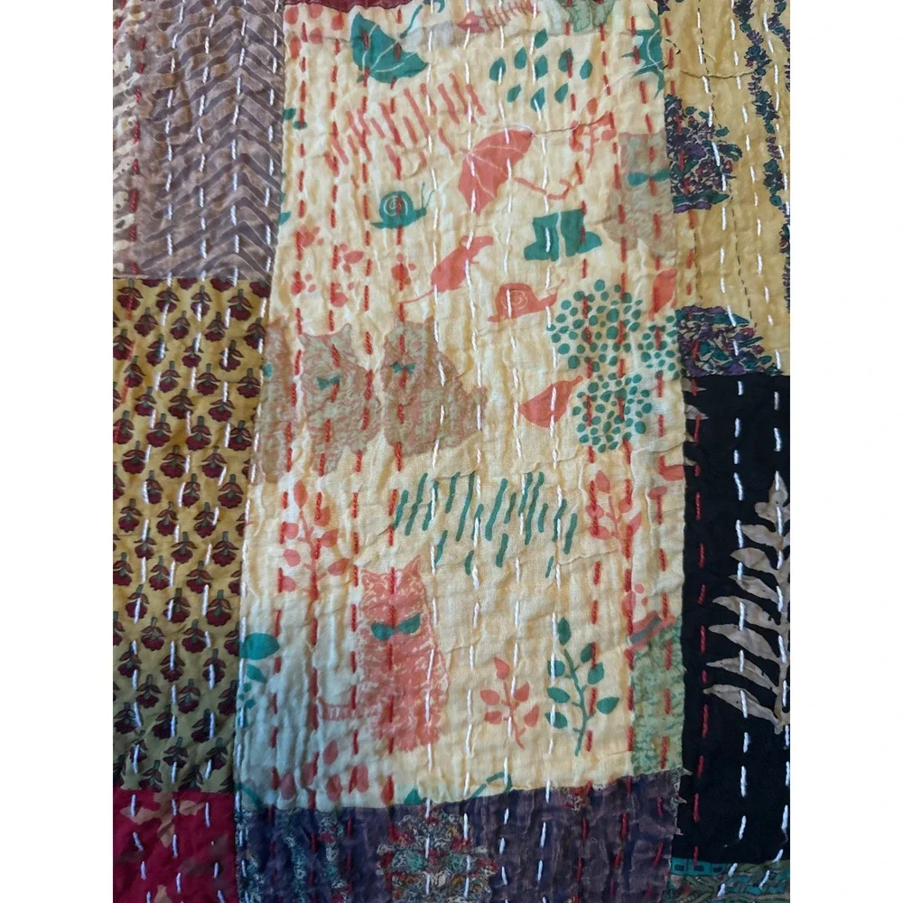 Handmade Kantha Quilt Patchwork Cotton Bedspread Multi Color Hand Stitched